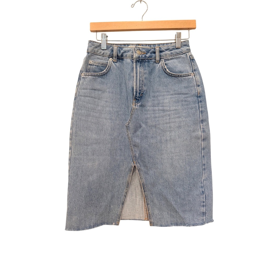 Denim Midi Skirt Light Wash Blue Raw Hem Front Slit 4 Western Cowgirl Summer